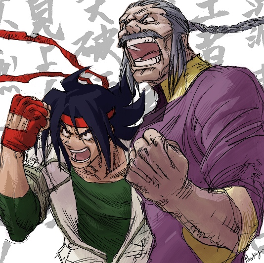 domon kasshu, master asia, g gundam, gundam, 1990s (style), 2boys, braid, chinese clothes, clenched hand, facial hair, fingerless gloves, gloves, hachimaki, headband, male focus, manly, multiple boys, mustache, old, old man, red gloves, retro artstyle, shouting, spiked hair
