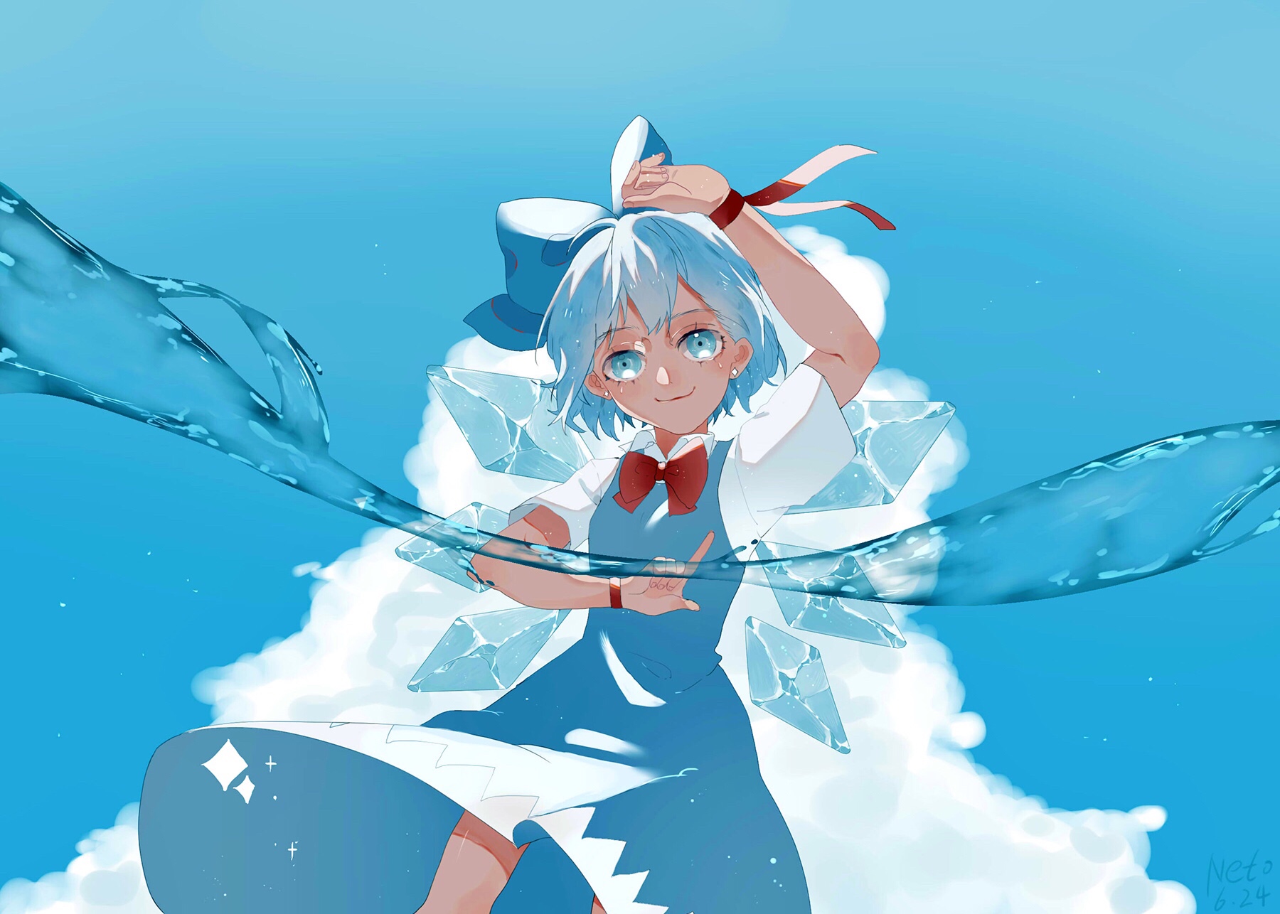 shigoto kaiju, cirno, touhou, highres, 1girl, blue eyes, blue hair, blue ribbon, bow, bowtie, cloud, hair ribbon, ice, ice wings, looking at viewer, medium hair, red bow, red bowtie, ribbon, short sleeves, solo, summer, water, wings