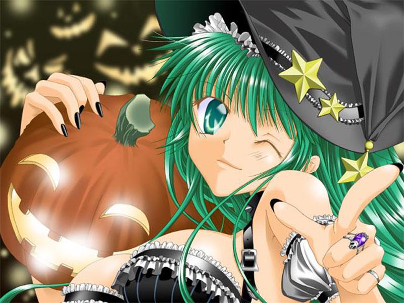 jpeg artifacts, 1girl, bare shoulders, breasts, detached sleeves, female focus, green eyes, green hair, halloween, hat, jewelry, lantern, large breasts, matching hair/eyes, one eye closed, pumpkin, ring, solo, star (symbol), strap, wink, witch, witch hat