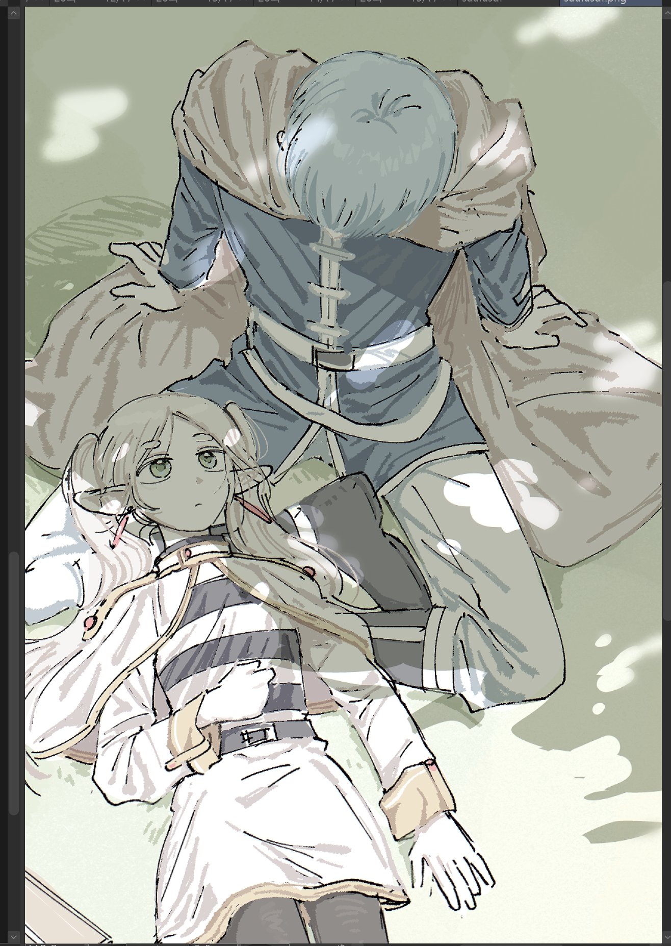 dabln hl, frieren, himmel (sousou no frieren), sousou no frieren, highres, 1boy, 1girl, black boots, blue hair, boots, capelet, closed mouth, earrings, green eyes, jewelry, looking at another, lying, on back, on grass, pants, pointy ears, shirt, short hair, sitting, skirt, white capelet, white pants, white shirt, white skirt