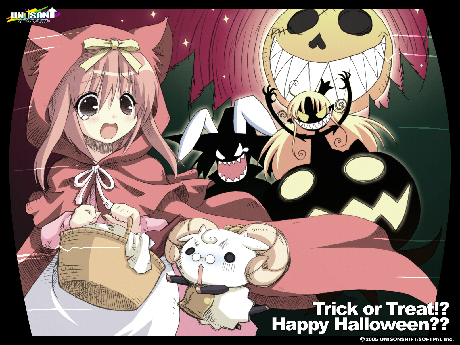 akihime sumomo, melissa seraphy, yuki-chan, nanatsuiro drops, original, waga mama capriccio, highres, 00s, 3girls, animal ears, bell, blush, cat ears, forest, glasses, halloween, happy halloween, jack-o'-lantern, moon, multiple girls, nature, pink hair, pumpkin, purple eyes, ribbon, scared, star (symbol), tears, trick or treat