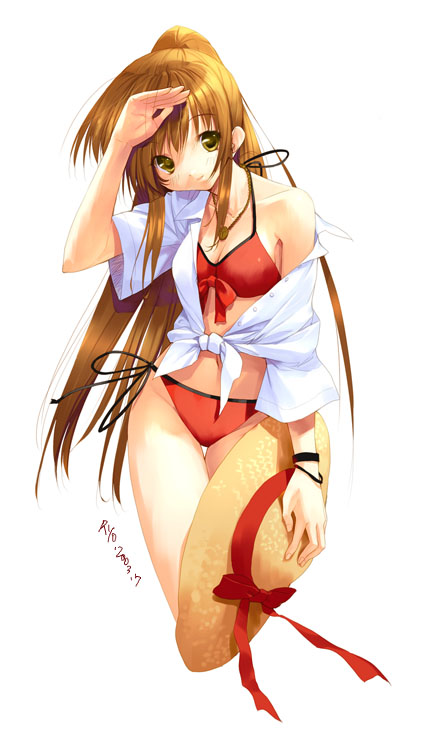 ueda ryou, original, bikini, brown hair, hat, jewelry, long hair, necklace, open clothes, open shirt, ponytail, shirt, swimsuit, yellow eyes