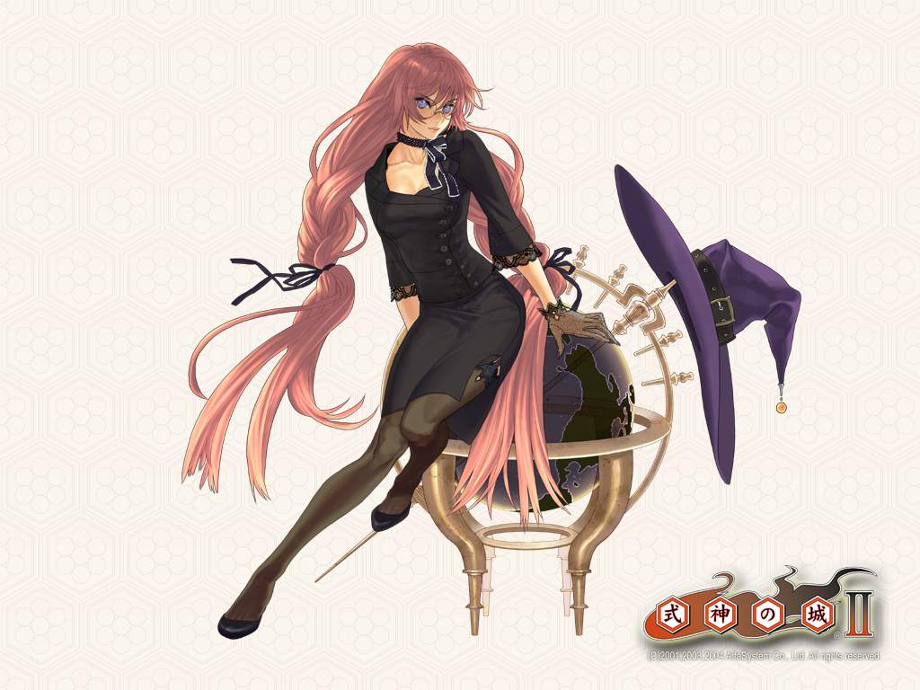 fumiko odette vanstein, alfa system, shikigami no shiro, shikigami no shiro ii, wallpaper, official art, 1girl, braid, choker, glasses, globe, gloves, hair ribbon, hat, lace, long hair, pantyhose, pink hair, purple eyes, ribbon, sitting, sitting on person, solo, twin braids, very long hair, witch, witch hat