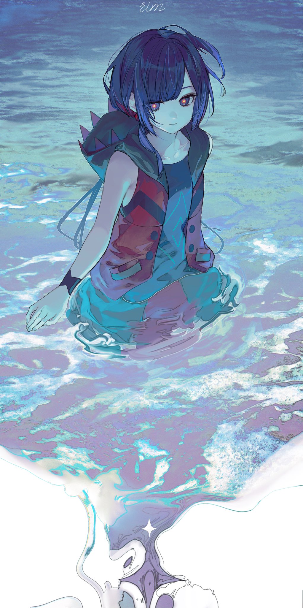 suimin (sui 0y0), character request, copyright request, highres, 1girl, blue dress, buttons, closed mouth, collarbone, dress, flat chest, hood, hood down, light smile, long hair, looking at viewer, open clothes, open vest, parted bangs, purple eyes, purple hair, red pupils, red vest, solo, vest, water