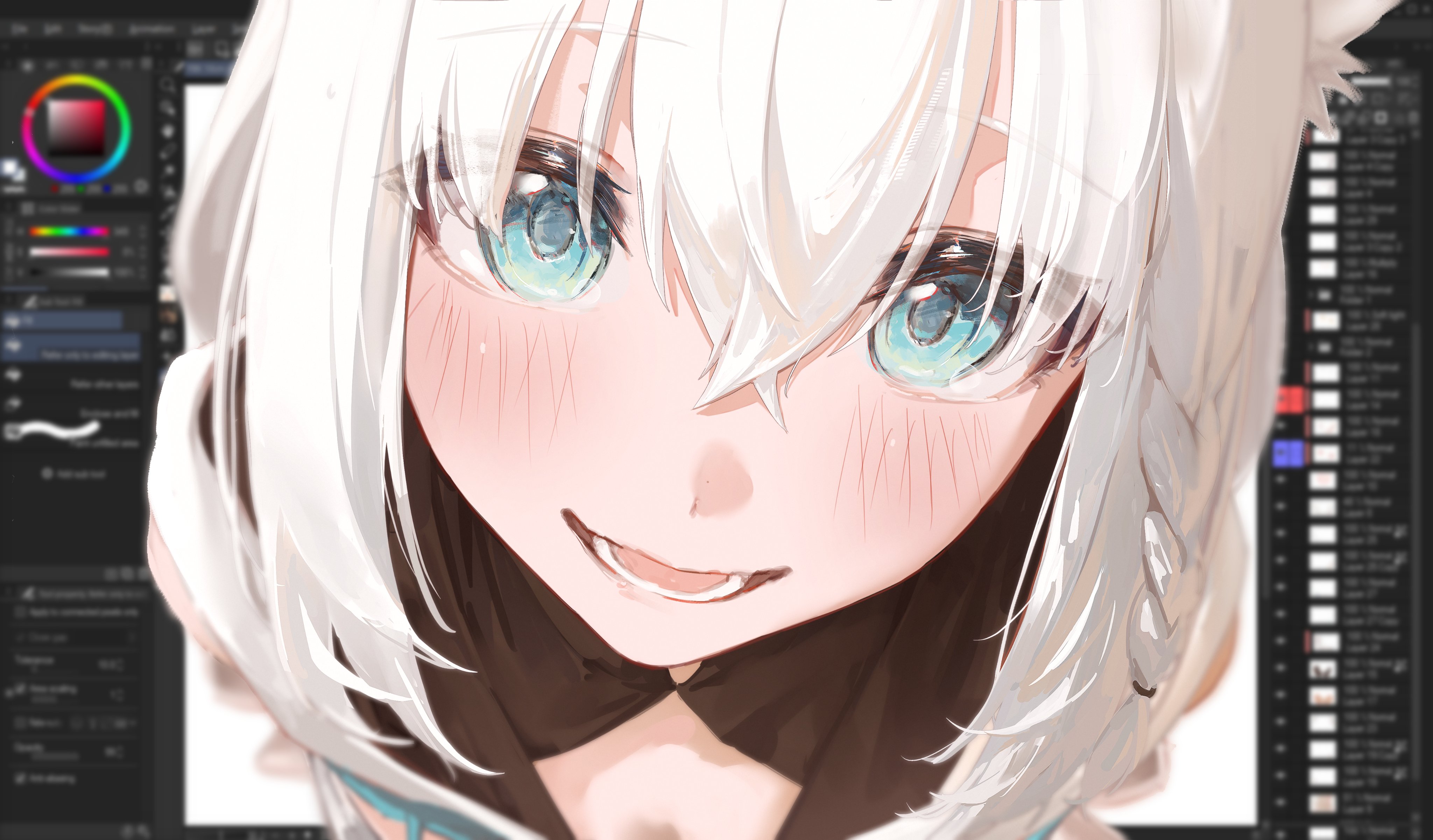 hyde (tabakko), shirakami fubuki, shirakami fubuki (1st costume), clip studio paint, hololive, absurdres, highres, 1girl, ahoge, aqua eyes, blush, braid, close-up, crossed bangs, double-parted bangs, hair between eyes, hood, hooded vest, hoodie, long hair, looking at viewer, open mouth, side braid, simple background, single braid, solo, vest, virtual youtuber, white background, white hair