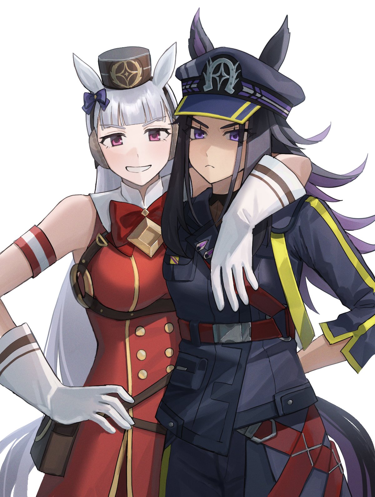 himo (user rzgz5877), fenomeno (umamusume), gold ship (umamusume), umamusume, highres, 2girls, animal ears, arm around shoulder, armband, bare shoulders, black hair, black jacket, black pants, black shirt, blunt bangs, bow, breasts, brown hat, closed mouth, dress, ear bow, ears through headwear, flipped hair, frown, gloves, grey hair, hat, horse ears, horse girl, horse tail, jacket, long hair, long sleeves, looking at viewer, medium breasts, multicolored hair, multiple girls, open mouth, pants, peaked cap, pillbox hat, purple bow, purple eyes, purple hair, red armband, red dress, shirt, simple background, sleeveless, sleeveless dress, smile, tail, teeth, white background, white gloves