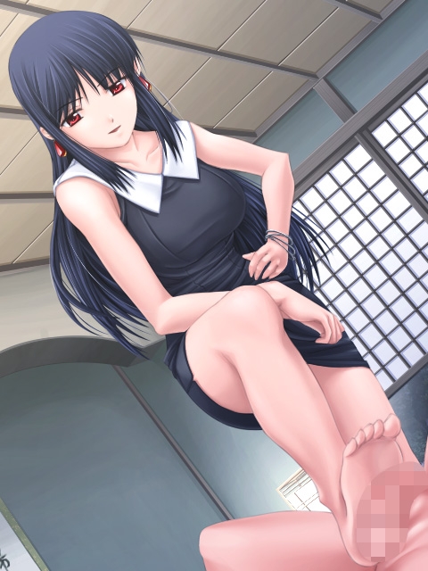 shironeko sanbou, hiiragi kaname, nee chanto shiyou yo!, game cg, 00s, 1boy, 1girl, barefoot, black hair, bracelet, censored, earrings, feet, footjob, hand on own hip, hetero, hip focus, jewelry, legs, long hair, mosaic censoring, penis, solo focus, toes