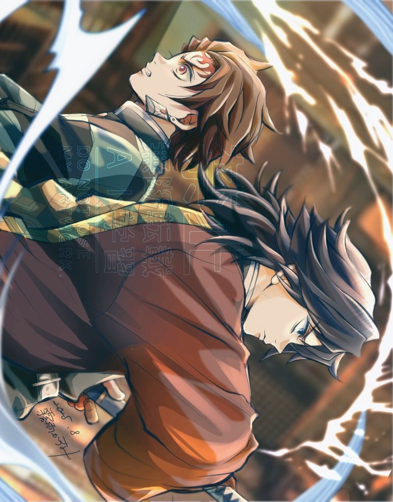 kamado tanjirou, tomioka giyuu, kimetsu no yaiba, 2boys, black hair, blue eyes, clenched teeth, closed mouth, dated, demon slayer uniform, earrings, english text, fighting stance, haori, holding, holding sword, holding weapon, japanese clothes, jewelry, kasumi kiriu, katana, long hair, low ponytail, male focus, multiple boys, pink eyes, ponytail, profile, red haori, short hair, sideways, spiked hair, sword, teeth, upper body, watermark, weapon