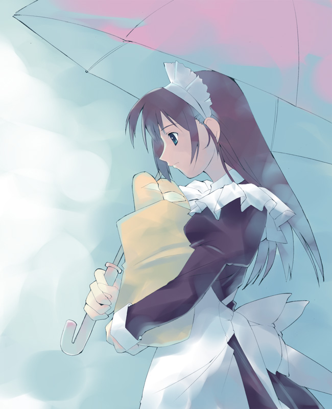 murakami suigun, original, 1girl, apron, aqua hair, bag, baguette, black dress, bow, bread, brown hair, dress, female focus, food, groceries, holding, holding bag, long hair, long sleeves, looking down, maid, maid apron, maid headdress, shopping bag, smile, solo, umbrella, white bow
