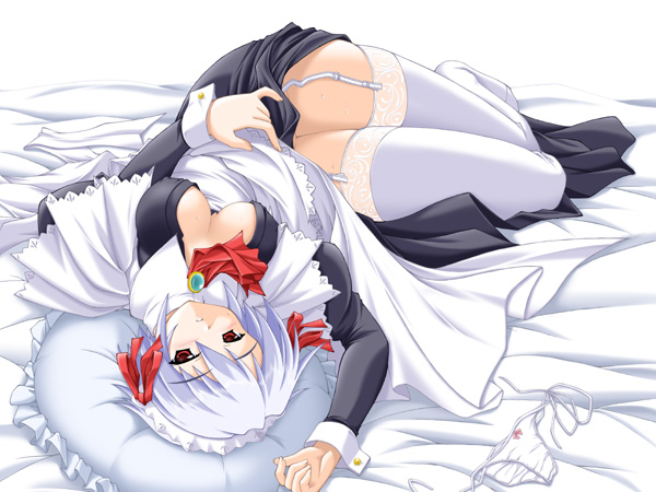 akimoto dai, kotonomiya yuki, suigetsu, lace-trimmed legwear, 1girl, bed, bend, blue hair, blush, bow, bow panties, breasts, brooch, clothes lift, covered erect nipples, dress, dress lift, female focus, jewelry, lace, lace trim, large breasts, lying, maid, no bra, no panties, open clothes, open shirt, panties, pillow, red eyes, shirt, short hair, side-tie panties, skirt, skirt lift, solo, thighhighs, underwear, unworn panties, white panties, white thighhighs, zettai ryouiki
