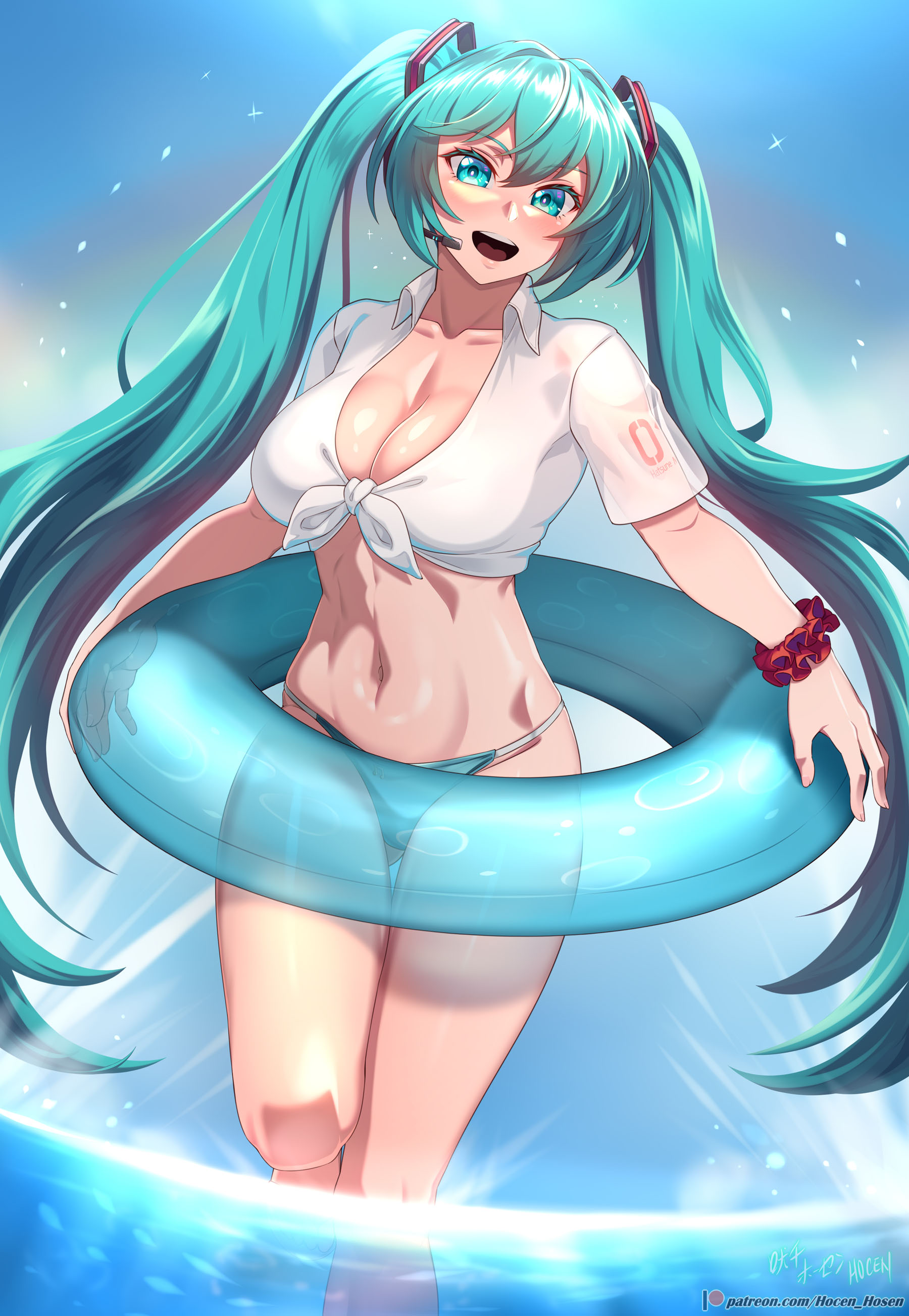 vilde loh hocen, hatsune miku, vocaloid, absurdres, highres, variant set, 1girl, aqua bikini, aqua eyes, aqua hair, bikini, breasts, cleavage, innertube, large breasts, long hair, looking at viewer, microphone, navel, one eye closed, open mouth, scrunchie, shirt, shoulder tattoo, smile, solo, standing, standing on one leg, stomach, swim ring, swimsuit, tattoo, teeth, twintails, upper teeth only, very long hair, wet, wet clothes, wet shirt, white shirt, wrist scrunchie