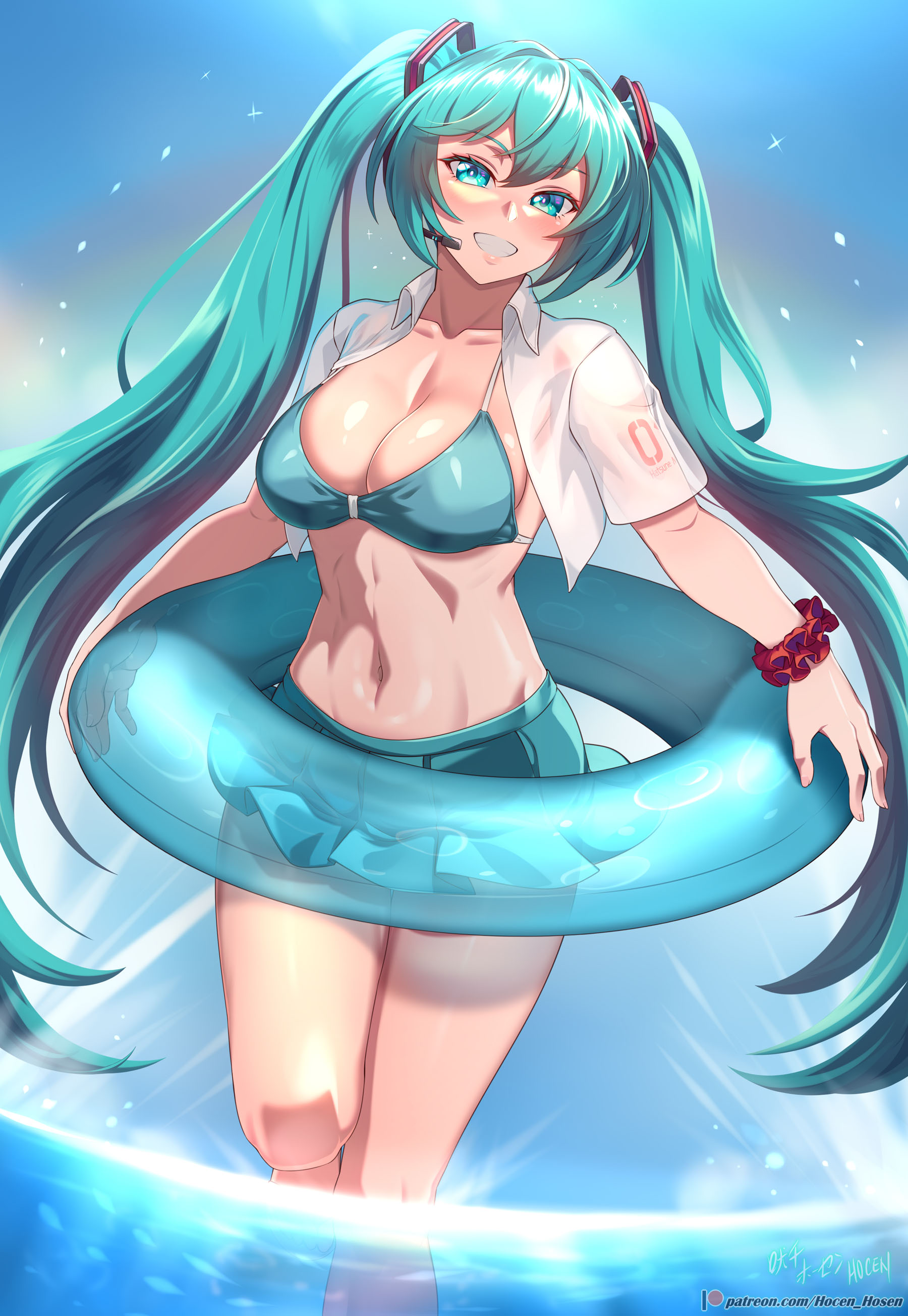 vilde loh hocen, hatsune miku, vocaloid, absurdres, highres, variant set, 1girl, aqua bikini, aqua eyes, aqua hair, aqua skirt, bikini, breasts, cleavage, innertube, large breasts, long hair, looking at viewer, microphone, navel, one eye closed, open clothes, open mouth, open shirt, scrunchie, shirt, shoulder tattoo, skirt, smile, solo, standing, standing on one leg, stomach, swim ring, swimsuit, tattoo, teeth, twintails, very long hair, wet, wet clothes, wet shirt, white shirt, wrist scrunchie