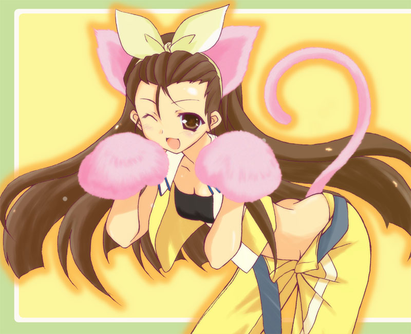 shibamine takashi, minase iori, idolmaster, idolmaster (classic), idolmaster 1, 00s, 1girl, animal ears, bandeau, black bandeau, brown hair, cool & sexy (idolmaster), female focus, long hair, solo, tail