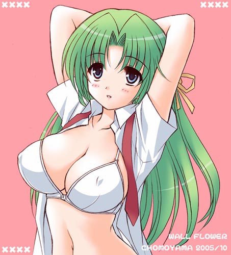 kuroda akimi, sonozaki shion, higurashi no naku koro ni, lowres, 00s, 1girl, 2005, blue eyes, blush, bra, breasts, cleavage, covered erect nipples, dated, female focus, hair ribbon, large breasts, lingerie, long hair, midriff, open clothes, open shirt, pink background, ribbon, shirt, solo, underwear