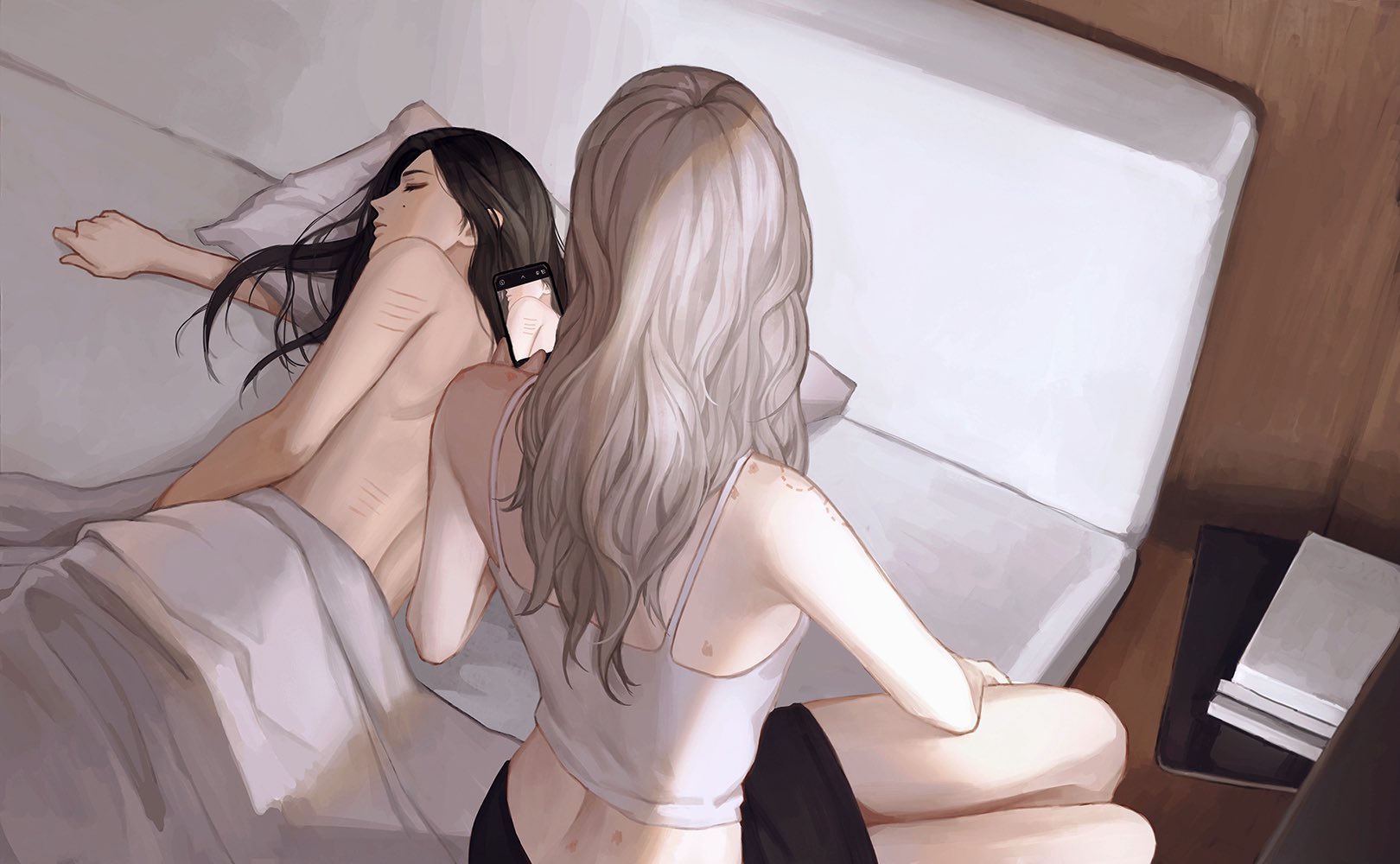 commentary, english commentary, highres, 2girls, bite mark, bite mark on shoulder, black hair, black skirt, camisole, closed eyes, grey hair, hickey, long hair, long sleeves, mole, mole on cheek, multiple girls, niekoufish, nude, on bed, only you (thai tv), scratches, skirt, taking picture, under covers, white camisole, yuri