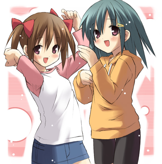 eretto, original, 2girls, aqua hair, arms up, blush, bow, brown hair, hair ornament, hairclip, hood, hoodie, multiple girls, pencil skirt, raglan sleeves, red eyes, short hair, shorts, skirt, smile, twintails