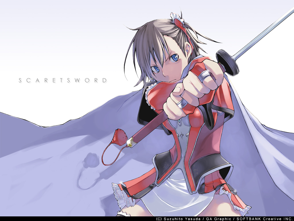 yasuda suzuhito, gagraphic, 1girl, bridal gauntlets, cape, female focus, gloves, hair ornament, jewelry, ring, solo, sword, weapon