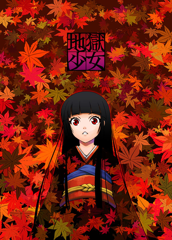 asaki takayuki, enma ai, jigoku shoujo, 00s, 1girl, autumn leaves, black hair, blunt bangs, copyright name, female focus, hime cut, japanese clothes, kimono, leaf, long hair, obi, parted lips, red eyes, sash, solo