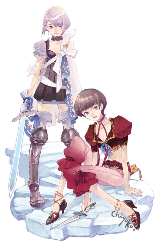 chiyoko, original, 2girls, anklet, armor, armored dress, asymmetrical clothes, blue eyes, boots, brown hair, capelet, capri pants, choker, dagger, dress, full body, gloves, greaves, grey hair, jewelry, knee boots, knife, midriff, multiple girls, pants, purple eyes, shoes, short hair, signature, skirt, sword, thighhighs, weapon, white background