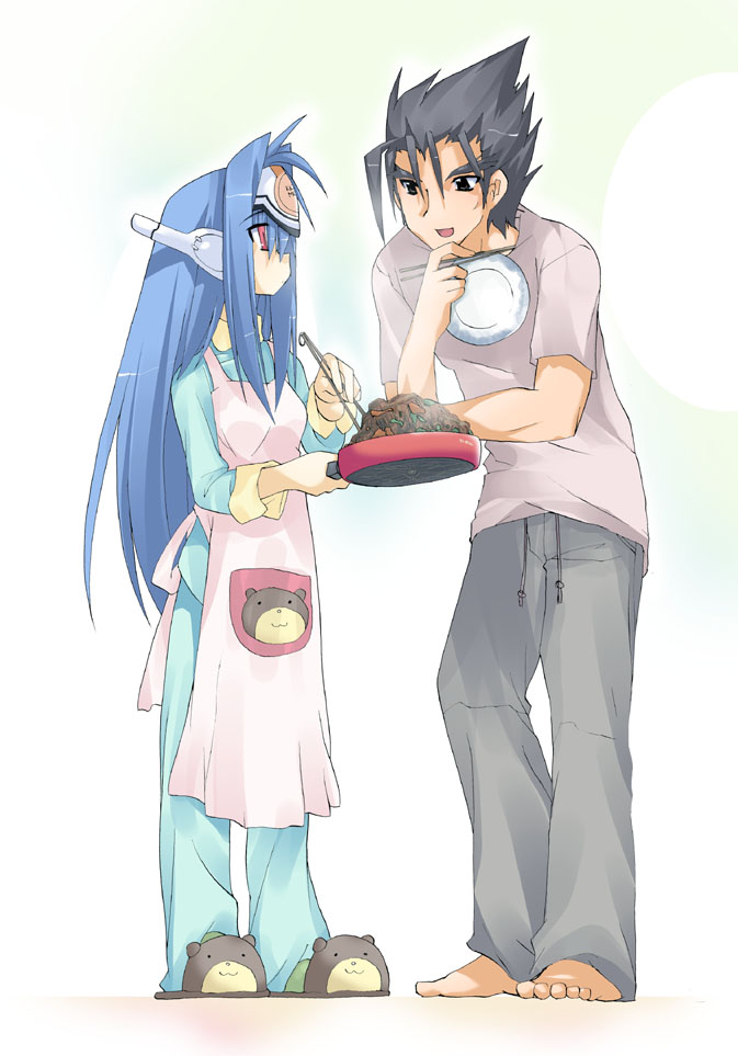 hairan, kazama jin, kos-mos, namco, tekken, xenosaga, 00s, 1boy, 1girl, :3, apron, barefoot, black eyes, black hair, blue hair, chopsticks, company connection, cooking, crossover, food, frying pan, pajamas, plate, red eyes, robot ears, slippers