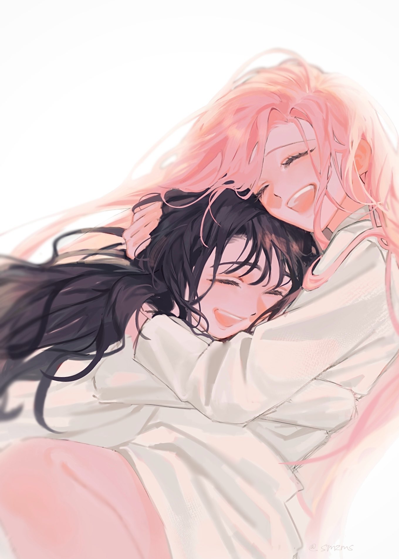 mizi (alien stage), sua (alien stage), alien stage, commentary, hashtag-only commentary, highres, 2girls, arms around neck, black hair, closed eyes, hug, long hair, multiple girls, open mouth, pink hair, shirt, simple background, smile, smzms, white background, white shirt, yuri