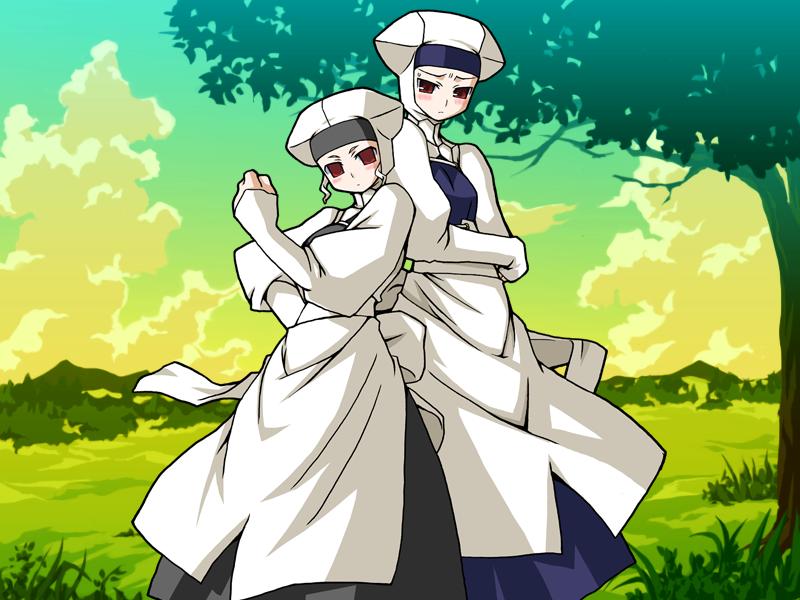 leysritt (fate), sella (fate), fate/hollow ataraxia, fate/stay night, fate (series), habit, 00s, 2girls, albino, apron, back-to-back, blush, day, dress, expressionless, grass, green theme, long dress, long skirt, looking at viewer, maid, maid apron, multiple girls, nature, no pupils, nun, outdoors, skirt, sky, tree
