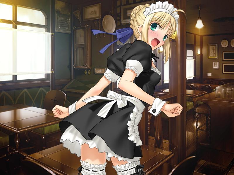 takeuchi takashi, artoria pendragon (fate), saber (fate), fate/hollow ataraxia, fate/stay night, fate (series), game cg, 00s, 1girl, blonde hair, female focus, maid, official alternate costume, solo, thighhighs