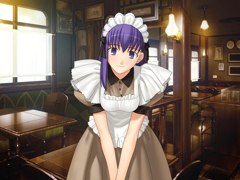 takeuchi takashi, matou sakura, fate/hollow ataraxia, fate/stay night, fate (series), game cg, 00s, 1girl, apron, female focus, maid, maid apron, official alternate costume, purple eyes, purple hair, solo