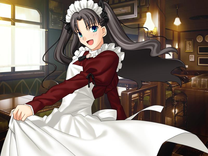 takeuchi takashi, tohsaka rin, fate/hollow ataraxia, fate/stay night, fate (series), game cg, 00s, 1girl, :d, bar (place), black ribbon, blue eyes, blush, box, chair, cowboy shot, female focus, floating hair, hair ribbon, indoors, lamp, long hair, long sleeves, looking at viewer, maid, maid headdress, official alternate costume, open mouth, plate, puffy long sleeves, puffy sleeves, red shirt, ribbon, shirt, smile, solo, table, two side up, very long hair, window