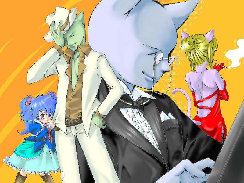 mona (2ch), 2channel, 2girls, animal ears, blonde hair, blue eyes, blue hair, bow, bowtie, cat ears, cat tail, closed eyes, dress, formal clothes, glasses, hair bun, loli, multiple girls, open clothes, open shirt, shirt, single hair bun, skirt, suit, tail, thighhighs, traditional bowtie, twintails, what