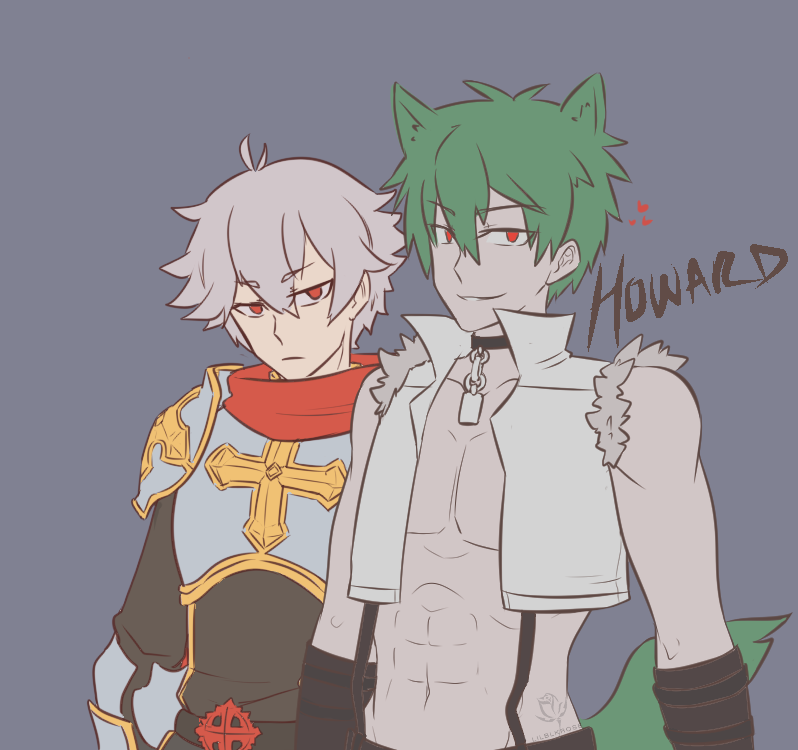lilblkrose, lord knight (ragnarok online), seyren windsor, whitesmith (ragnarok online), ragnarok online, 2boys, abs, animal ears, armor, belt, bio lab, black belt, black choker, black gloves, black tabard, breastplate, choker, crop top, cross, cross of prontera, dog boy, dog ears, dog tail, fur-trimmed shirt, fur trim, gloves, green hair, grey background, grey hair, hair between eyes, heart, howard alt-eisen, kemonomimi mode, looking at viewer, male focus, multiple boys, navel, open clothes, open mouth, open shirt, pauldrons, red eyes, red scarf, scarf, shirt, short hair, shoulder armor, sleeveless, sleeveless shirt, smile, suspenders, tabard, tail, toned, toned male, upper body, white shirt