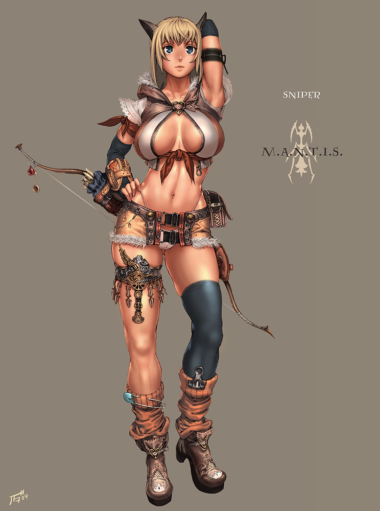 kanda (ura-kanda), sniper (ragnarok online), ragnarok online, sniper, 1girl, animal ears, asymmetrical clothes, black thighhighs, bow, bow (weapon), cameltoe, cat ears, female focus, highleg, highleg panties, panties, shoes, single thighhigh, socks, solo, standing, thigh strap, thighhighs, underwear, weapon, white panties