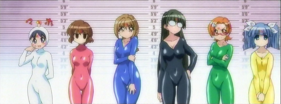 ichijou, katagiri himeko, momose kurumi, suzuki sayaka, tachibana rei, uehara miyako, pani poni dash!, anime screenshot, 00s, 6+girls, angry, blue hair, blush, bodysuit, breasts, brown hair, cleavage, empty eyes, everyone, female focus, glasses, green hair, height chart, long hair, multiple girls, open mouth, orange hair, short hair, skin tight, small breasts, smile, thigh gap, thighs, twintails