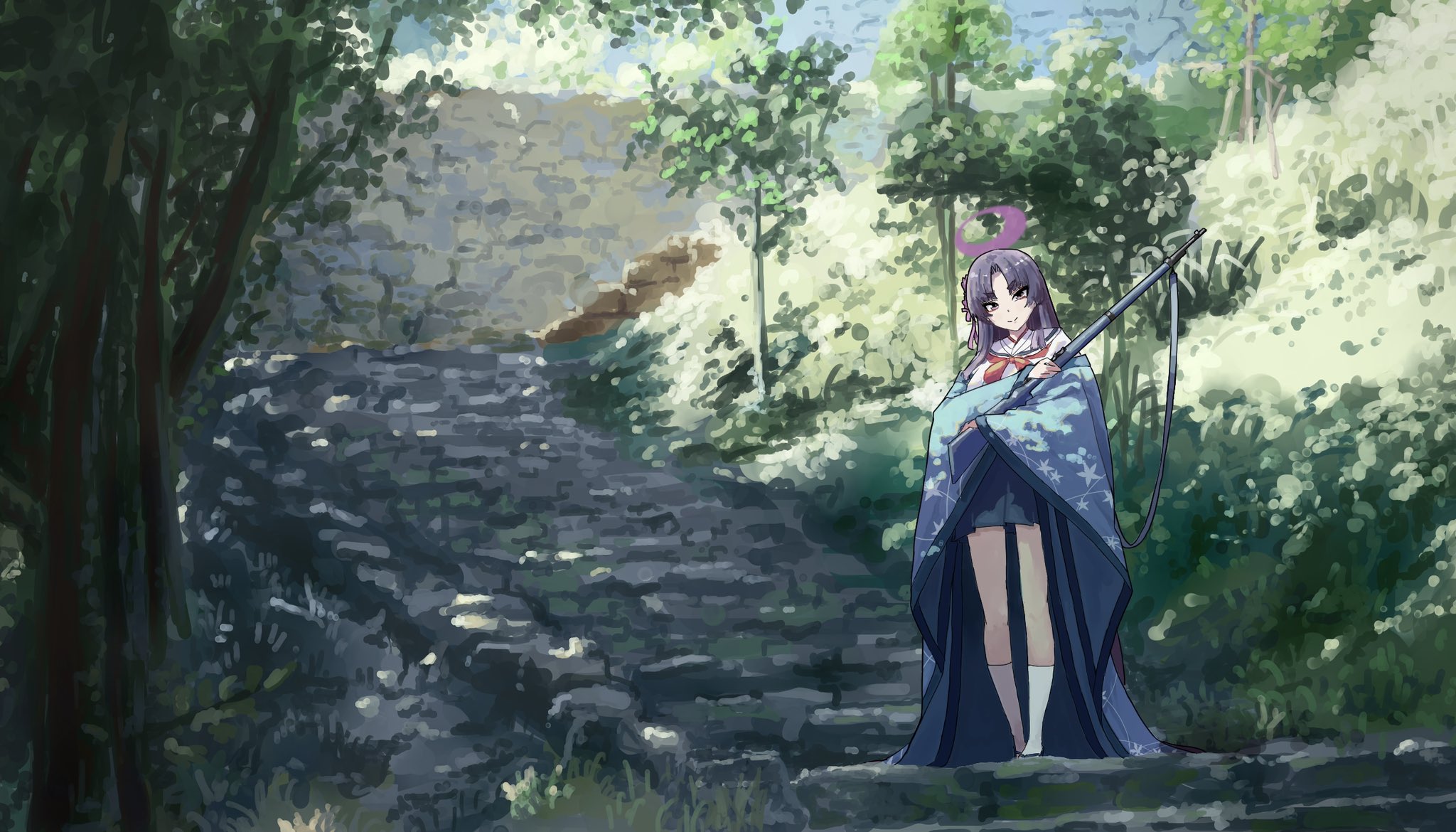 yukari (blue archive), blue archive, highres, 1girl, blue haori, blue skirt, closed mouth, desuyone0502, gun, halo, haori, holding, holding gun, holding weapon, japanese clothes, kneehighs, long hair, looking at viewer, neckerchief, on stairs, parted bangs, purple eyes, purple hair, purple halo, red neckerchief, rifle, sandals, shirt, skirt, smile, socks, solo, tree, very long hair, weapon, white shirt, white socks
