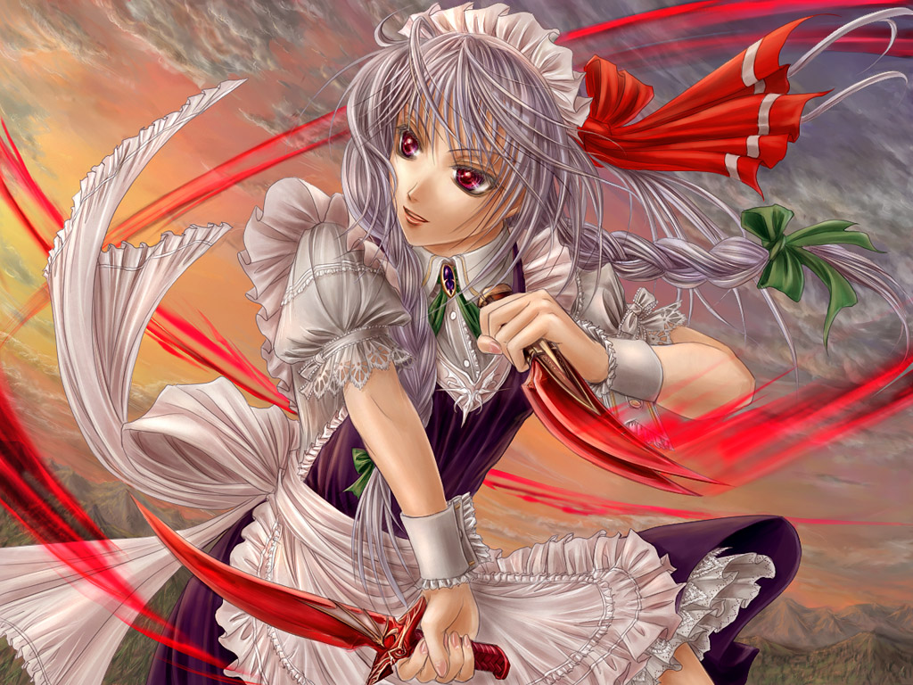yuki shuuka, izayoi sakuya, touhou, 1girl, albino, apron, braid, dual wielding, female focus, frills, grey hair, holding, knife, maid, maid apron, maid headdress, red eyes, short hair, smile, solo, throwing knife, twin braids, weapon, wrist cuffs