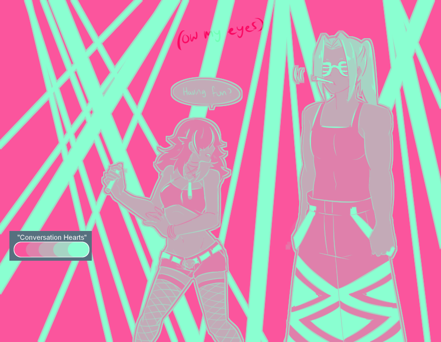 lilblkrose, ragnarok online, commentary, english commentary, 1boy, 1girl, alternate costume, belt, breasts, closed mouth, contemporary, cowboy shot, curtained hair, dancing, english text, fishnet thighhighs, fishnets, gertie wie, high ponytail, limited palette, long hair, looking at another, medium breasts, midriff, navel, pants, party horn, ponytail, randel lawrence, rave party, short shorts, shorts, shutter shades, strapless, tank top, thighhighs, tube top