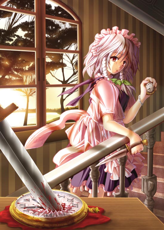 amamizu (myofuu kai), izayoi sakuya, touhou, silver hair, 1girl, blood, bow, bracelet, braid, female focus, hair bow, jewelry, knife, maid, maid headdress, pocket watch, red eyes, short hair, solo, stairs, twin braids, watch, window