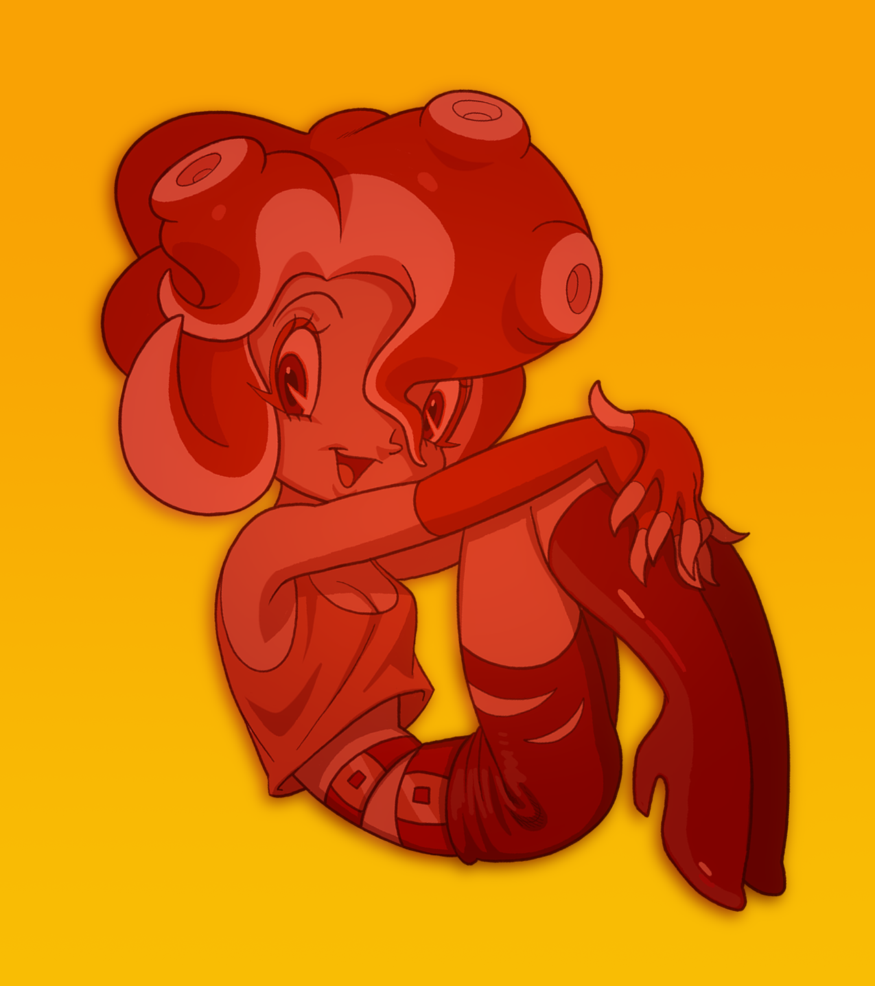 roachgore, tofu (roachgore), nintendo, original, splatoon (series), splatoon 3, highres, 1960s (style), belt, boots, breasts, cleavage, crop top, deformed, eyelashes, eyeliner, faux retro artstyle, makeup, octoling, oldschool, open mouth, retro artstyle, shorts, smile, suction cups, tentacle hair