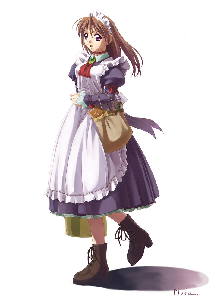 murakami suigun, original, 1girl, apron, ascot, bag, boots, brown hair, carrying, female focus, floating hair, full body, groceries, long hair, looking at viewer, maid, maid apron, maid headdress, puffy sleeves, ribbon, shadow, signature, simple background, smile, solo, walking