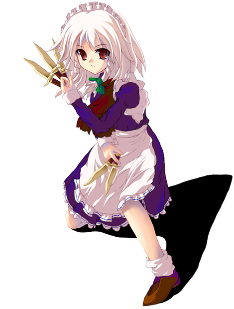 yamamoto nori, izayoi sakuya, touhou, silver hair, 1girl, between fingers, braid, female focus, holding, knife, maid, red eyes, short hair, solo, throwing knife, twin braids, weapon
