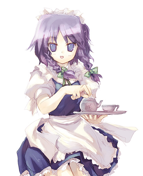 izayoi sakuya, touhou, >:d, 1girl, :d, apron, blue dress, blue eyes, bow, bowtie, braid, cup, dress, female focus, frilled apron, frills, looking at viewer, maid, maid apron, maid headdress, open mouth, puffy short sleeves, puffy sleeves, short sleeves, simple background, smile, solo, teacup, teapot, tray, twin braids, v-shaped eyebrows, white background