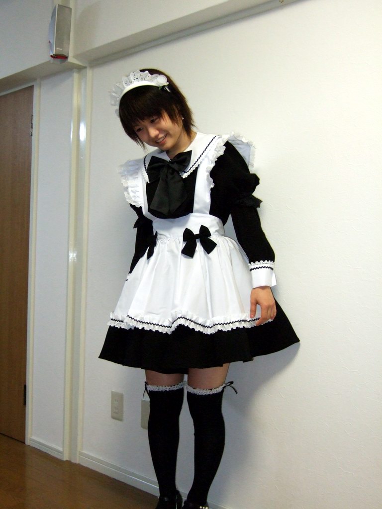 cosplay photo, off-topic, photo (medium), black thighhighs, cosplay, maid, short hair, smile, solo, standing, thighhighs
