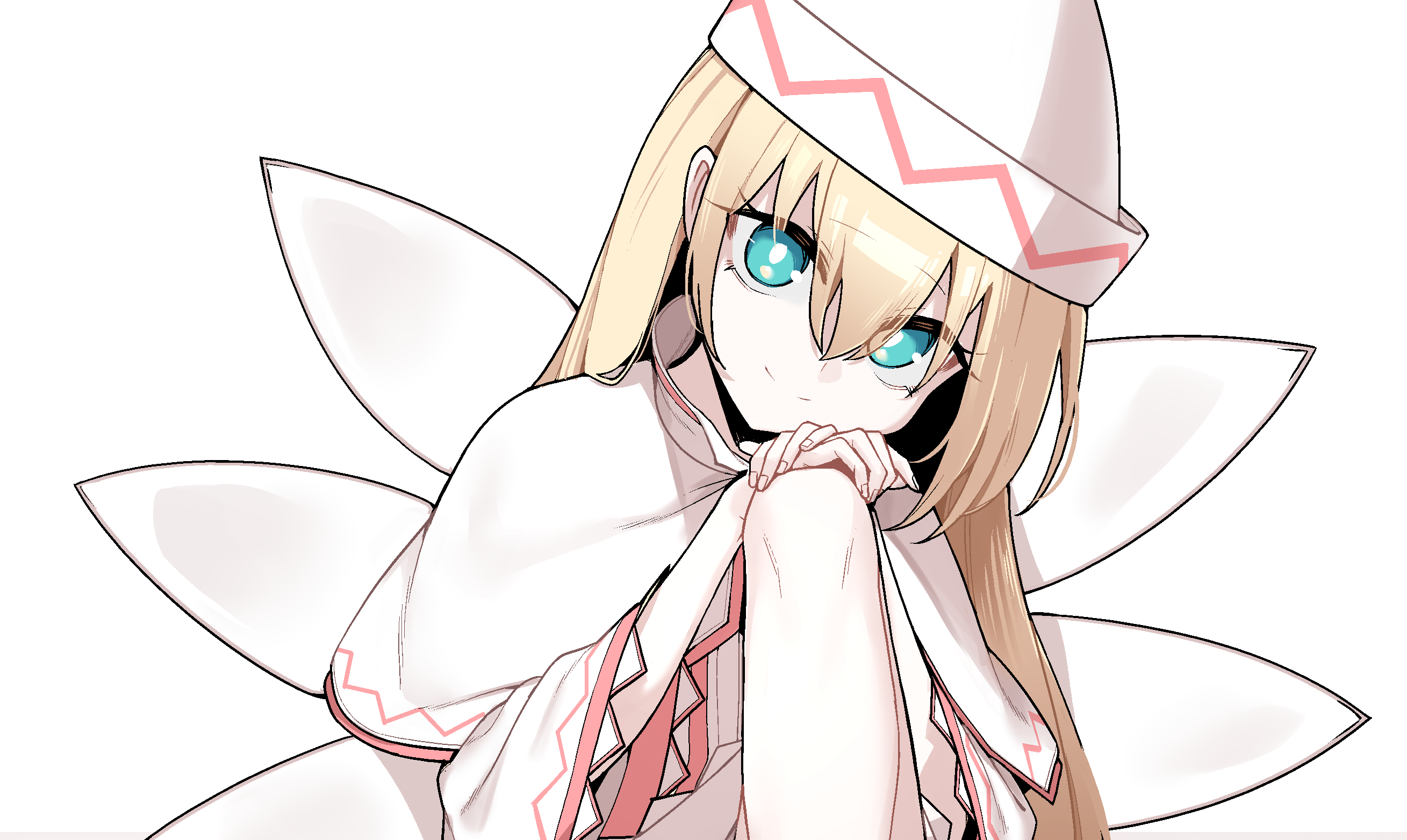 1641 (chfhrtor94), lily white, touhou, commentary, highres, 1girl, blonde hair, blue eyes, closed mouth, dress, fairy wings, feet out of frame, gibberish commentary, hair between eyes, hands on own knee, hat, head tilt, long hair, long sleeves, looking at viewer, simple background, sitting, smile, solo, white background, white dress, white hat, white wings, wings