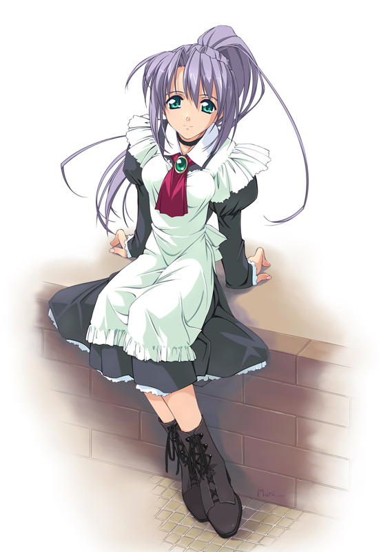 murakami suigun, 1girl, arm support, brooch, female focus, full body, green eyes, high ponytail, jewelry, long hair, maid, ponytail, purple hair, sitting, solo, tile floor, tiles