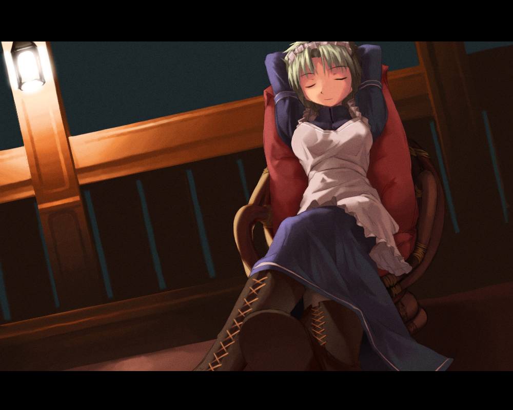sun-3, eyebrows, 1girl, arms behind head, boots, chair, closed eyes, dark, dutch angle, female focus, letterboxed, maid, on chair, sleeping, solo
