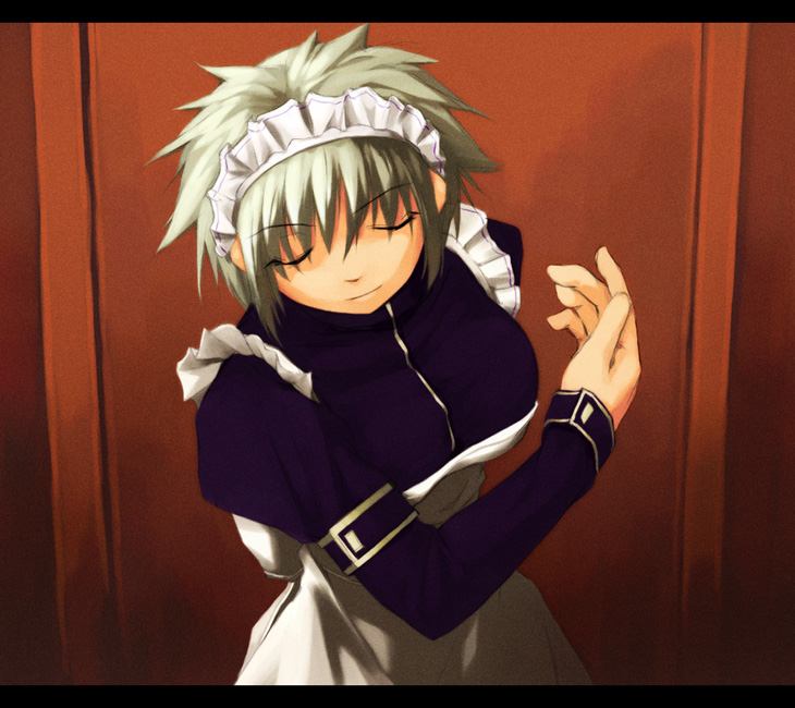 sun-3, eyebrows, 1girl, bowing, female focus, letterboxed, maid, maid headdress, solo