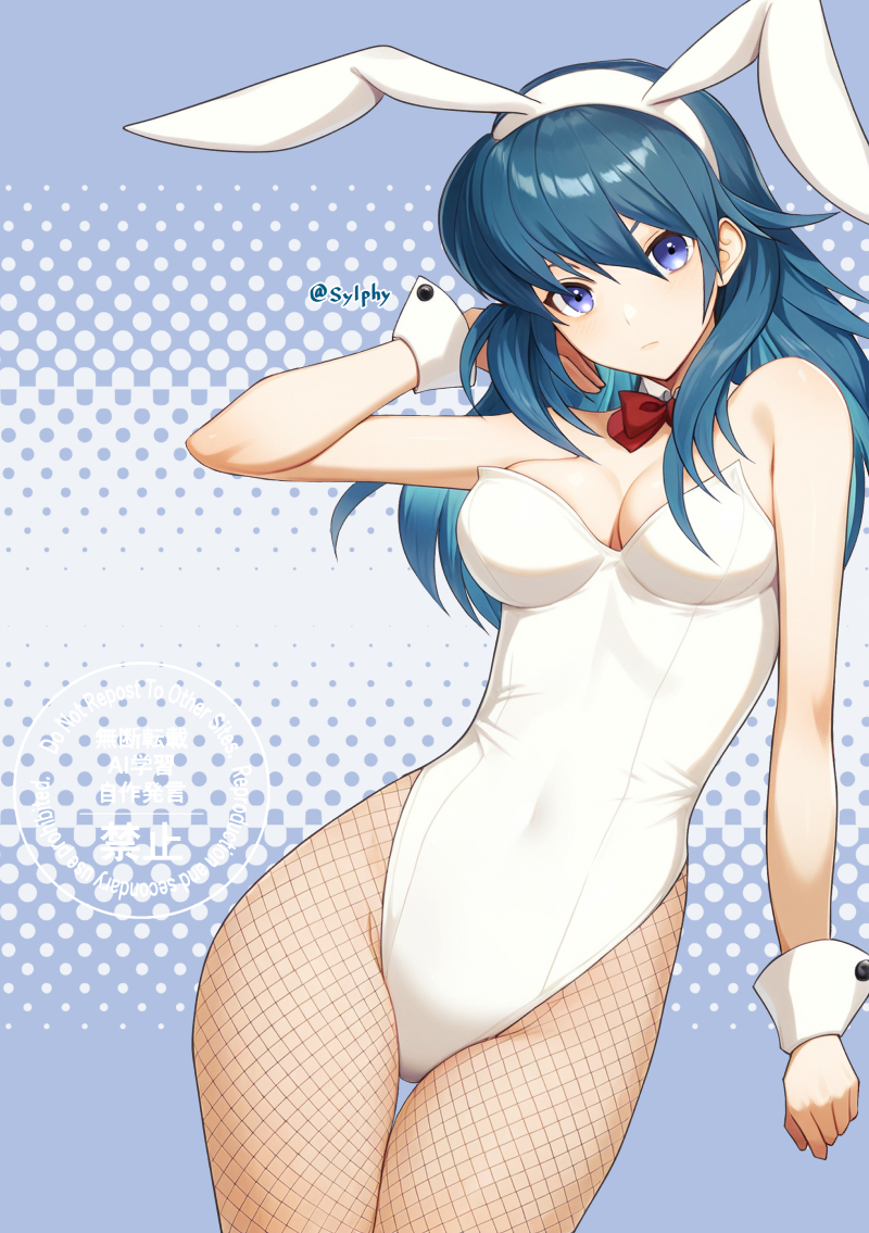sylphy fe, female byleth (fire emblem), fire emblem, fire emblem: three houses, nintendo, 1girl, animal ears, blue eyes, breasts, cleavage, fake animal ears, fishnets, green hair, leotard, looking at viewer, medium breasts, playboy bunny, rabbit ears, thick thighs, thighs