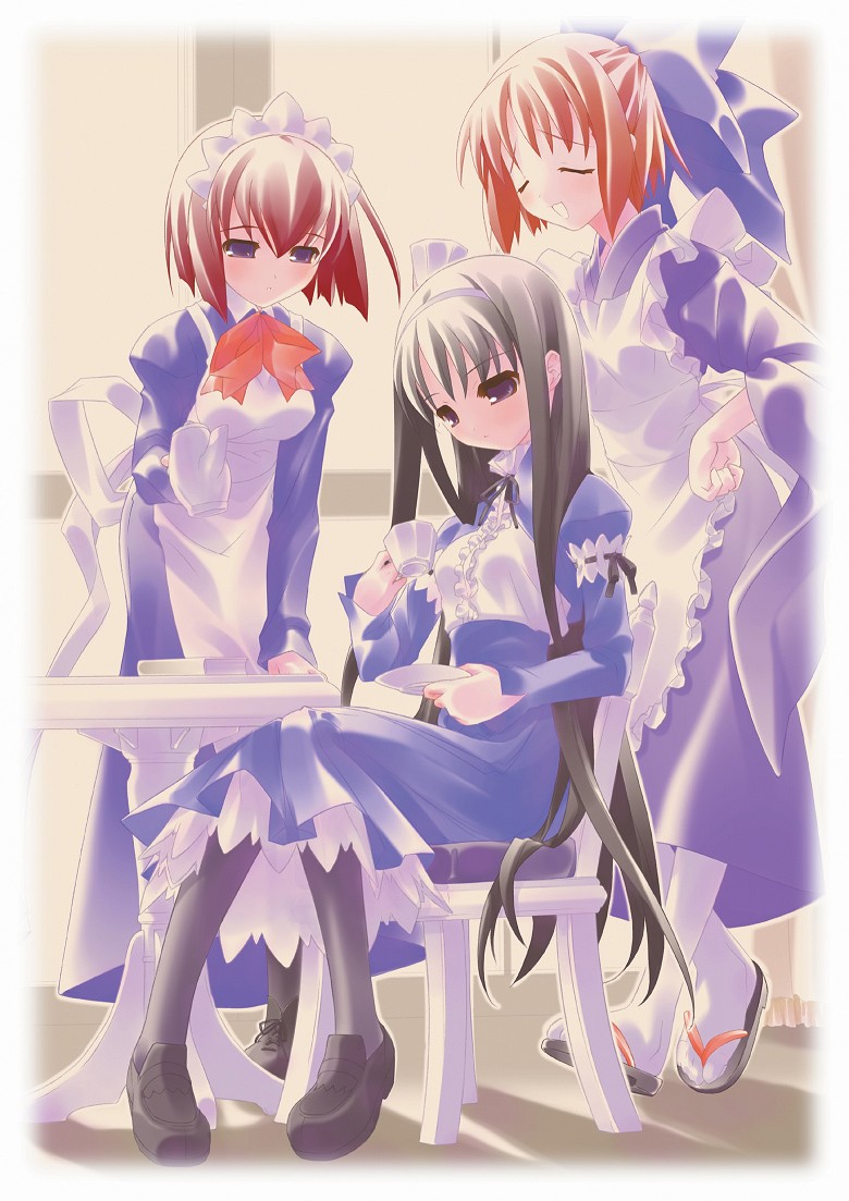 hisui (tsukihime), kohaku (tsukihime), tohno akiha, tsukihime, black legwear, white legwear, 00s, 3girls, alternate costume, apron, armband, black hair, blush, book, breasts, closed eyes, cup, dress, expressionless, geta, hands on own hips, japanese clothes, kimono, leaning forward, lolita fashion, long hair, looking down, maid, maid apron, maid headdress, medium breasts, multiple girls, neck ribbon, open mouth, pantyhose, pigeon-toed, puffy sleeves, red hair, ribbon, sandals, saucer, shoes, short hair, siblings, sisters, sitting, small breasts, table, teacup, teapot, twins, very long hair, window, zouri
