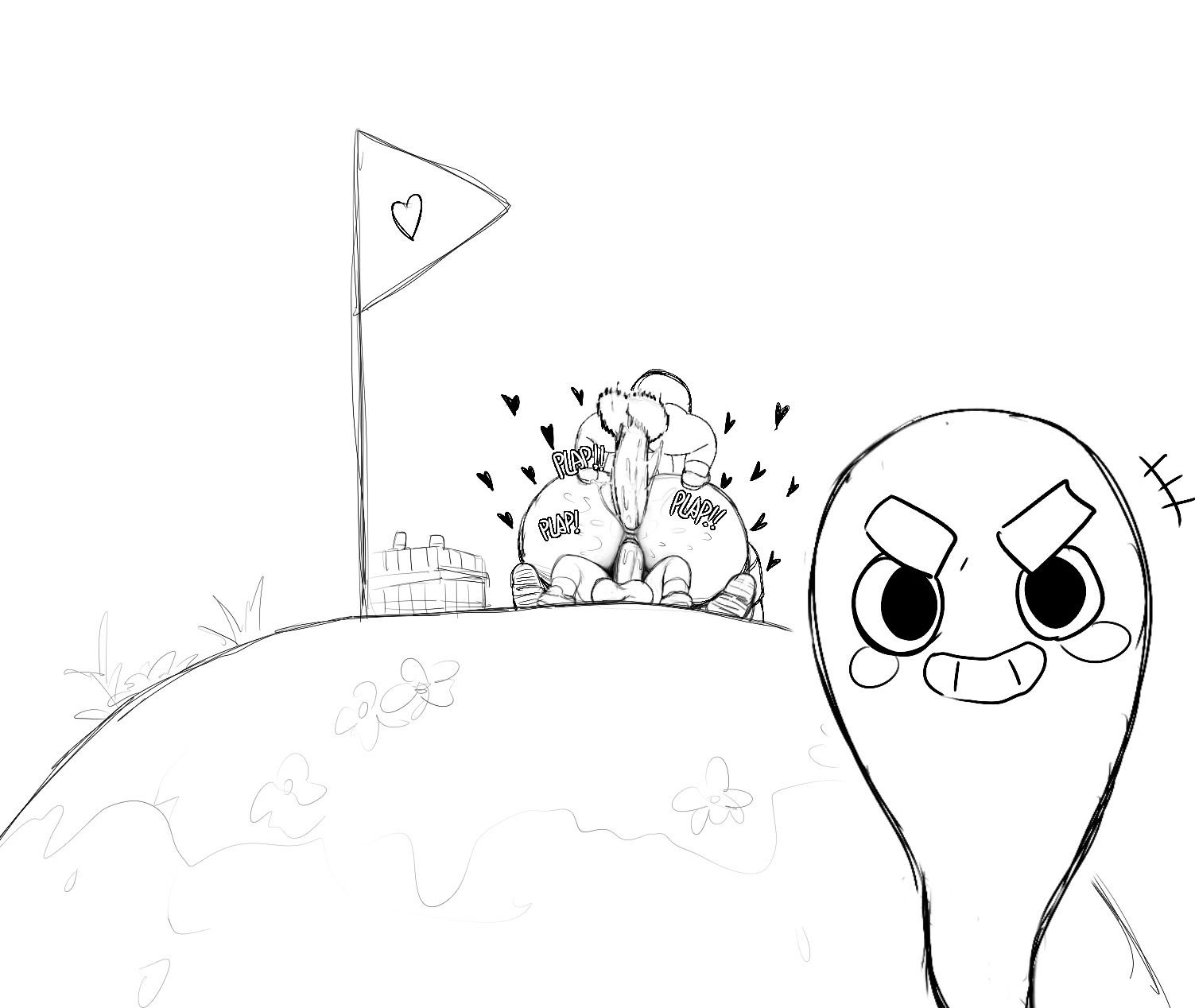 okdudelisten, peak (game), highres, 1girl, 2boys, anal, ass, ghost, greyscale, grin, group sex, heart, large penis, monochrome, multiple boys, penis, plap, sex, simple background, sketch, smile, threesome, white background