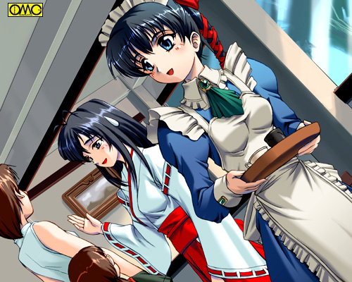 omc, game cg, lowres, 4girls, apron, black hair, blue eyes, blush, braid, brooch, brown hair, dutch angle, hakama, hakama skirt, japanese clothes, jewelry, long hair, maid, maid apron, maid headdress, miko, multiple girls, red hakama, short hair, skirt, smile, tray, watermark